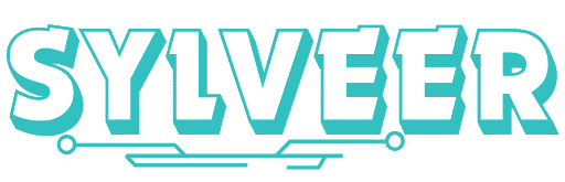 "Logo with the word 'SYLVEER' in bold black letters outlined in teal, featuring a circuit-like underline design."