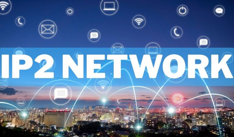 "A city skyline at dusk with various digital communication icons floating above, with a large text overlay reading 'IP2 NETWORK'."