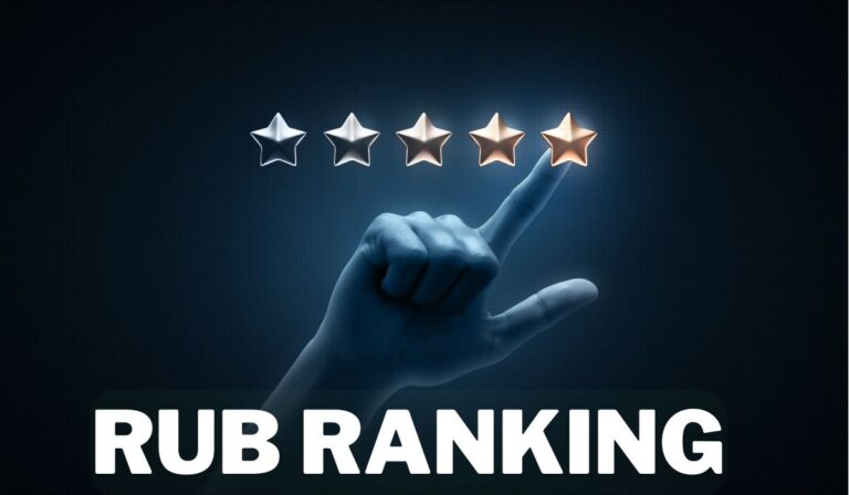 In this image write RUB RANKING in bold white color and a hand click on ranking stars.