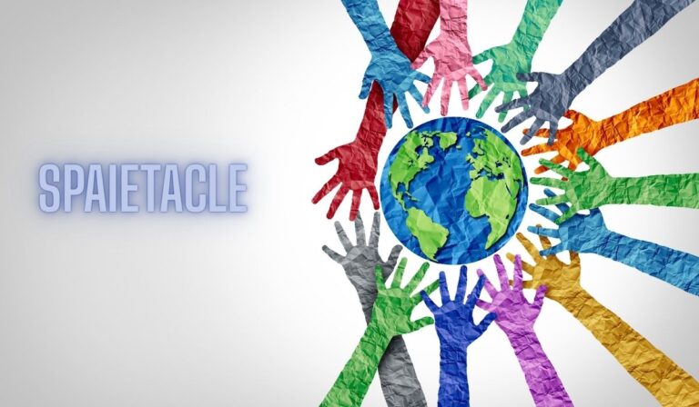 Illustration of colorful paper-textured hands reaching toward a globe, with the word 'SPAIETACLE' in light blue on the left side.
