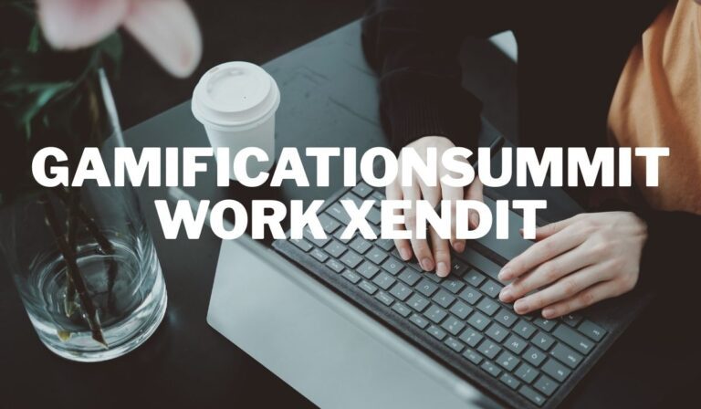 Person typing on a keyboard with coffee cup nearby, text overlay reads Gamificationsummit Work Xendit.