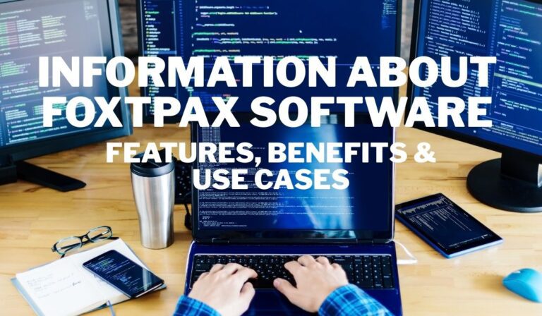 Person typing on laptop with multiple screens showing code, text overlay reads Information About Foxtpax Software Features, Benefits & Use Cases.