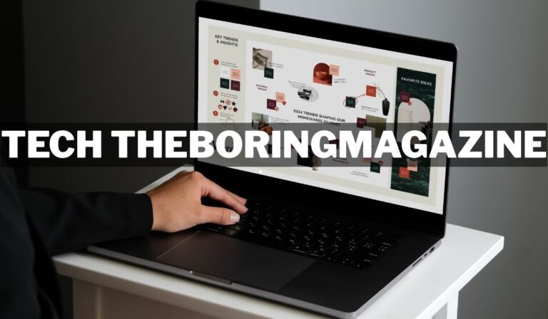"A person working on a laptop displaying design trends with the text 'Tech Theboringmagazine' prominently featured."
