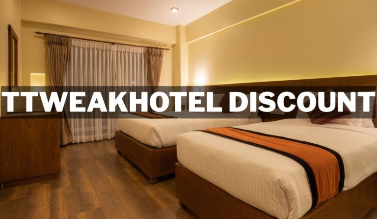 A cozy hotel room with two beds, featuring soft lighting and large windows, with a prominent text overlay reading 'ttweakhotel discount.