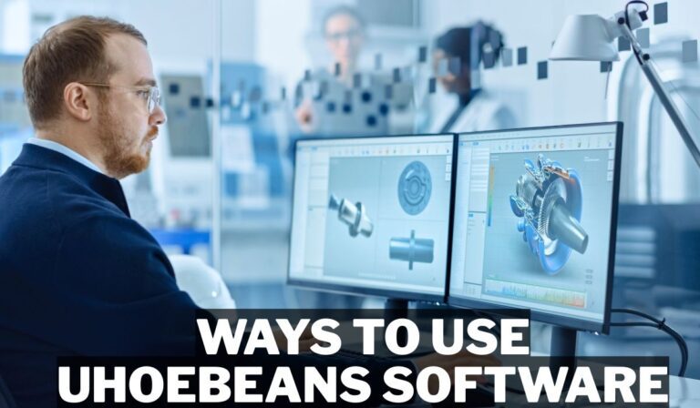 Engineer working on 3D design project using Uhoebeans software displayed on dual monitors in a modern office. Ways to use uhoebeans software.