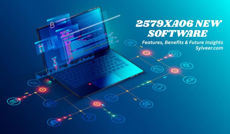 "Illustration of 2579xao6 new software concept showing a laptop with digital code, futuristic interface, and connected icons representing features, benefits, and future insights." 2579xao6 new software name at Sylveer.com