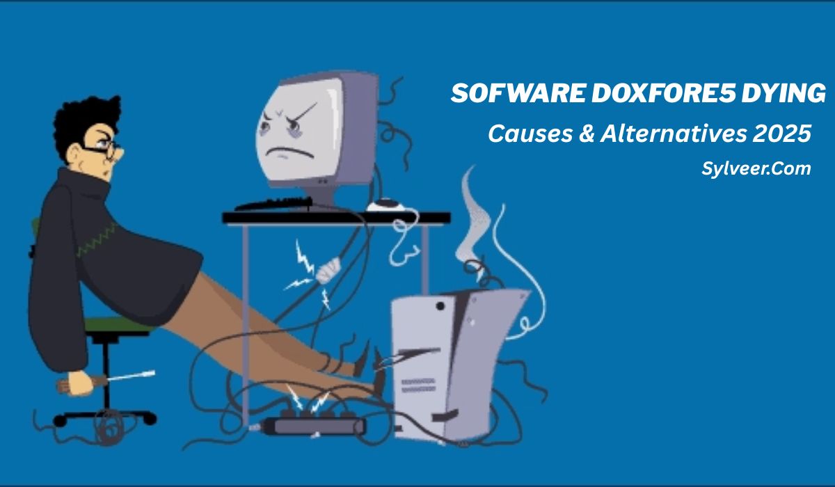 "Illustration of a frustrated user shocked by malfunctioning computer equipment, with an angry-faced monitor and smoking CPU. Text reads: 'SOFWARE DOXFORE5 DYING – Causes & Alternatives 2025' and 'Sylveer.com' on a blue background."