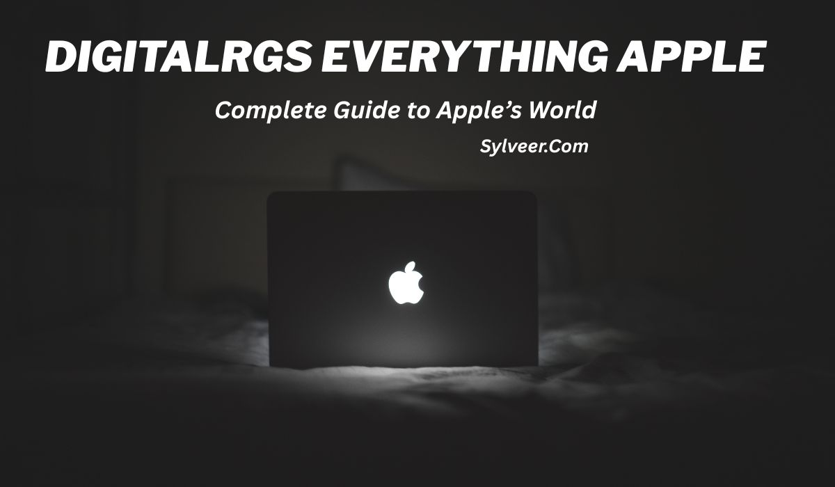 “DigitalRGS Everything Apple – Complete Guide to Apple’s World displayed over a glowing Apple MacBook in a dark room.” By sylveer.com
