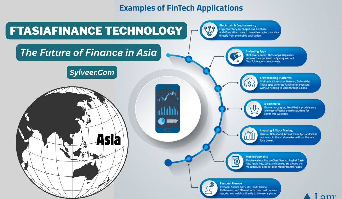 Infographic on FtasiaFinance technology showing examples of fintech applications in Asia, including blockchain and cryptocurrency, budgeting apps, crowdfunding platforms, e-commerce, investing and stock trading, mobile payments, and personal finance tools. The image features a globe highlighting Asia, a smartphone with financial graphs, and the title “FTASIAFINANCE TECHNOLOGY – The Future of Finance in Asia.” By sylveer.com