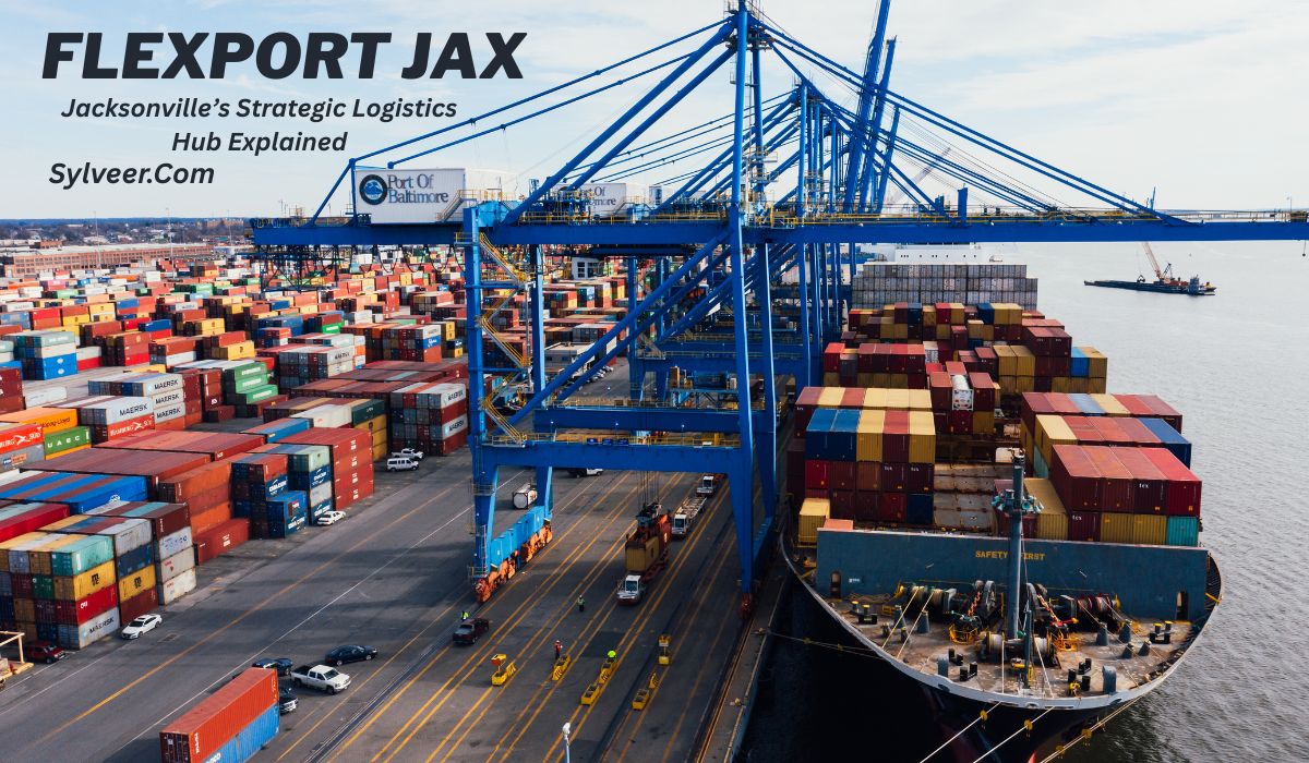 Aerial view of a busy shipping port with large blue cranes loading and unloading colorful cargo containers onto a container ship docked at the port. Numerous shipping containers are stacked in rows across the port, with several trucks and workers visible on the ground. The image is labeled with the text "FLEXPORT JAX - Jacksonville’s Strategic Logistics Hub Explained - Sylveer.com" and shows a sign for the "Port of Baltimore" in the background.