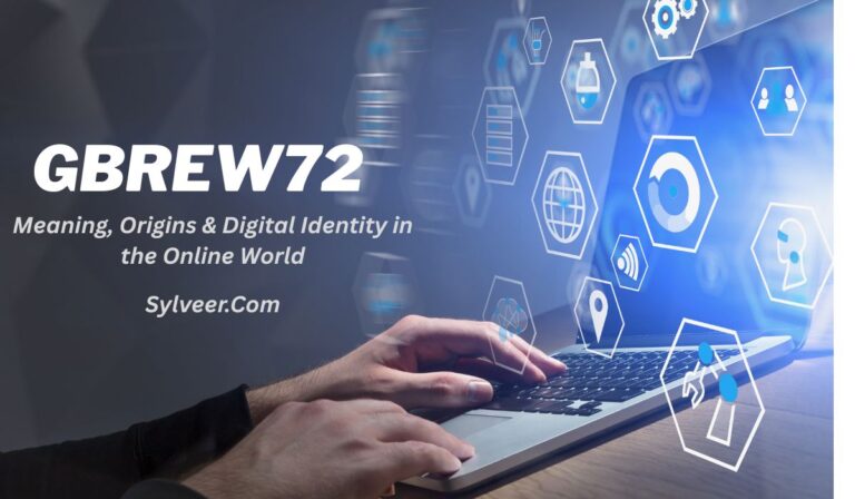 GBrew72 concept with digital icons and hands typing on a laptop, symbolizing meaning, origins, and digital identity in the online world, Sylveer.com.