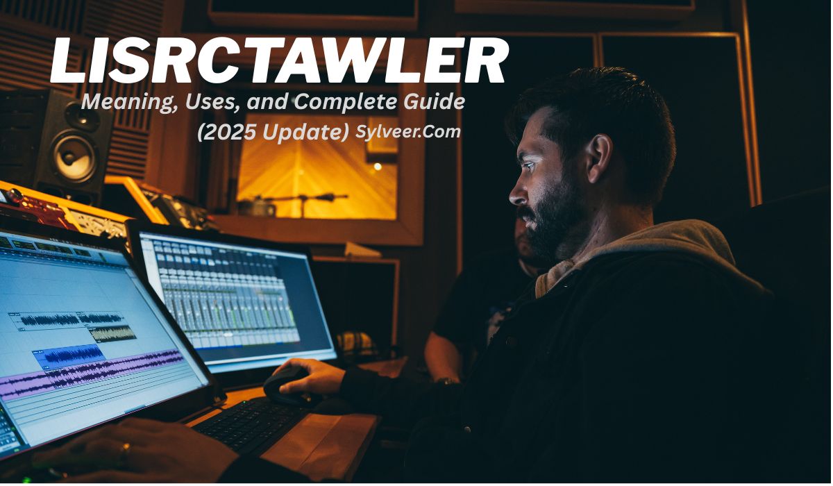 Man working on audio mixing and digital tools in a recording studio with computer screens, featuring text “Lisrctawler | Meaning, Uses, and Complete Guide (2025 Update) Sylveer.com” overlaid on the image.