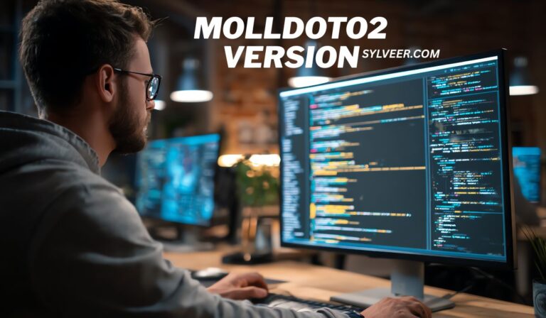 A man wearing glasses and a hoodie sits at a desk working on a computer with dual monitors displaying colorful code. The workspace is modern and dimly lit, with warm lighting in the background. Text at the top reads: “MOLLDOTO2 VERSION” followed by “SYLVEER.COM.” The image conveys a tech-savvy and software development environment.