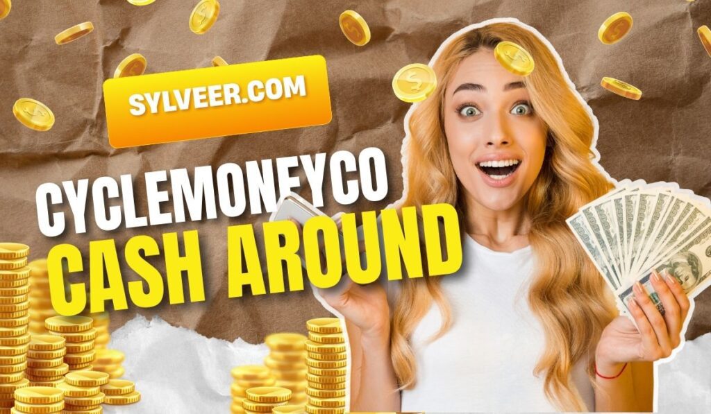 "CycleMoneyCo cash around promotion from Sylveer.com featuring excited woman holding dollar bills surrounded by gold coins."
