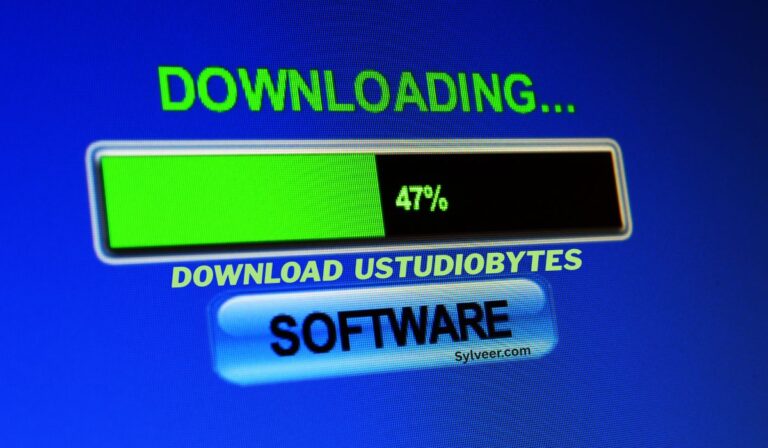 A Download Software Ustudiobytes shows a progress bar at 47%. The text "DOWNLOADING..." is at the top and the word "DOWNLOAD" is prominent below the progress bar. The website "sylveer.com" is shown at the bottom.