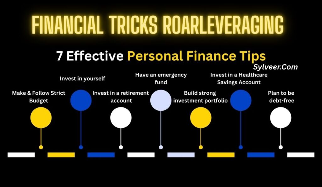 "Financial Tricks Roarleveraging infographic showing 7 effective personal finance tips including budgeting, investing in yourself, retirement accounts, emergency funds, healthcare savings, building strong portfolios, and debt-free planning." By Sylveer.com