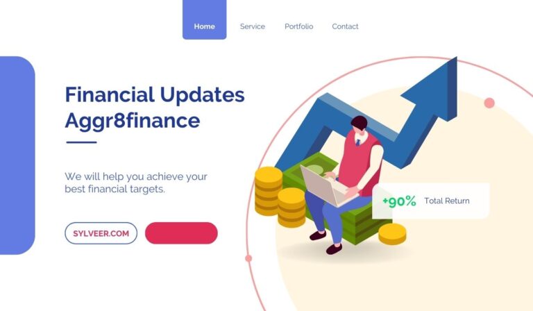 "Financial Updates Aggr8finance homepage banner showing a person working on a laptop with coins, growth arrow, and +90% total return indicator."
