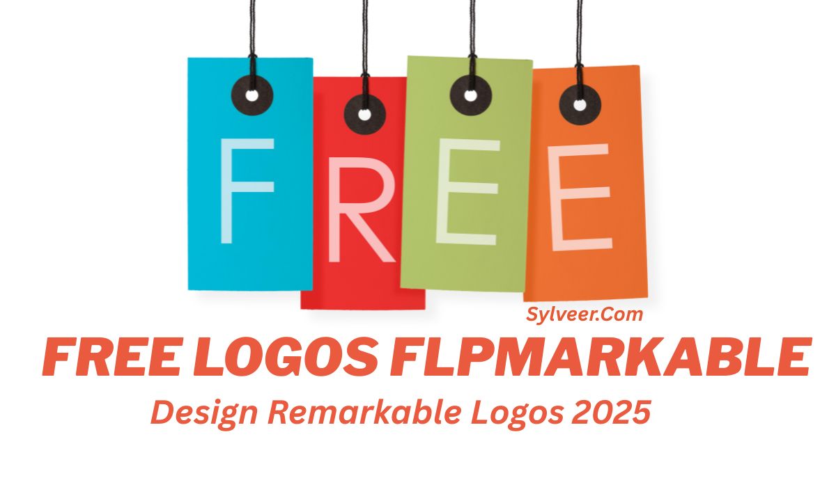 A colorful promotional image with four hanging tags spelling out "FREE" in blue, red, green, and orange. Below, bold red text reads “FREE LOGOS FLPMARKABLE” with a subheading “Design Remarkable Logos 2025.” The website “Sylveer.Com” is also displayed, highlighting free and creative logo design ideas for 2025.