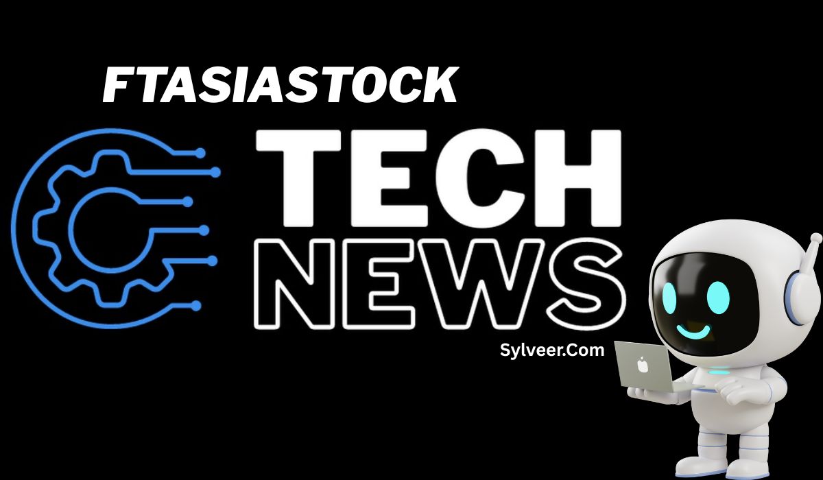 "Ftasiastock business news Sylveer.com" text on a black background with a blue digital gear icon on the left and a smiling robot holding a laptop on the right.