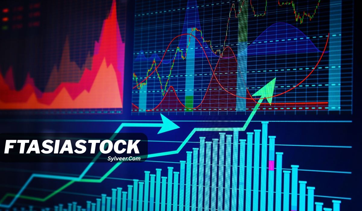 A digital stock market dashboard showing colorful charts, including bar graphs, line graphs, and candlestick patterns. The display features various financial data indicators and upward-trending green arrows, suggesting market growth. Bold white text reads "FTASIASTOCK" with "Sylveer.Com" below it, overlaid on the bottom left corner of the image.