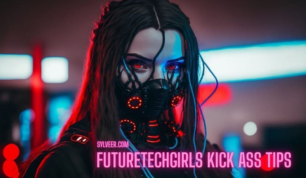 "Futuristic cyberpunk girl in tech gear with glowing mask – FutureTechGirls kick ass tips by Sylveer.com."