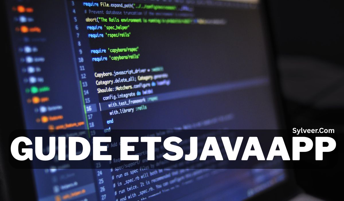 A digital promotional image for a programming guide titled "ETSJAVAAPP". The background shows a computer screen displaying code written in a text editor. The foreground text reads “GUIDE ETSJAVAAPP” in bold white letters over a dark transparent banner. The top-right corner includes the website “Sylveer.com”.