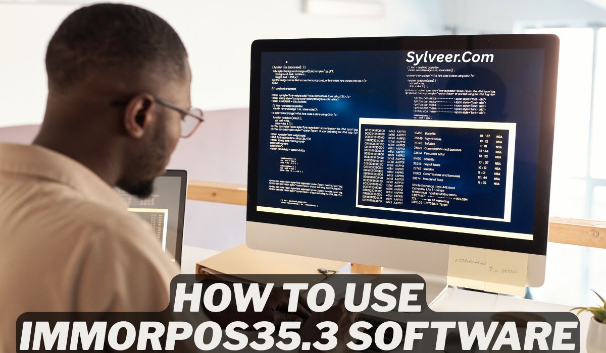 Alt text: A man is sitting at a desk looking at a computer screen displaying code and a terminal window. The screen has the website name "Sylveer.Com" at the top, and the text "HOW TO USE IMMORPOS35.3 SOFTWARE" is prominently displayed across the bottom of the image in bold white font.