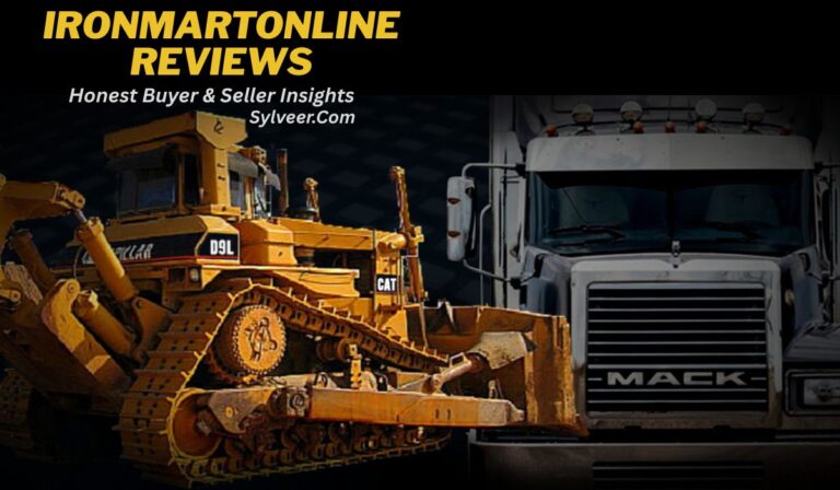 Promotional banner for "IronMartOnline Reviews" featuring a large yellow Caterpillar D9L bulldozer on the left and a white Mack truck on the right. The text highlights "Honest Buyer & Seller Insights" and includes the website "Sylveer.com" on a dark background. The vehicles emphasize the site's focus on heavy equipment and trucking reviews.