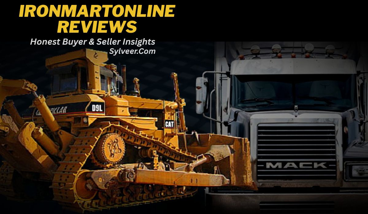 Promotional banner for "IronMartOnline Reviews" featuring a large yellow Caterpillar D9L bulldozer on the left and a white Mack truck on the right. The text highlights "Honest Buyer & Seller Insights" and includes the website "Sylveer.com" on a dark background. The vehicles emphasize the site's focus on heavy equipment and trucking reviews.