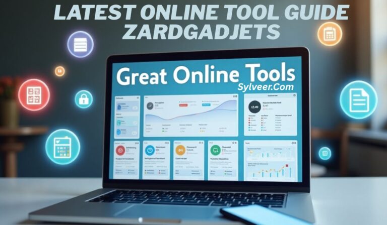A laptop screen displays a colorful dashboard with charts and widgets under the heading "Great Online Tools." The surrounding background features floating digital icons, including a lock, document, calendar, and social media symbols. At the top of the image, bold text reads: "LATEST ONLINE TOOL GUIDE ZARDGADJETS" with "Sylveer.Com" written below. The setting suggests a modern workspace focused on tech tools and digital productivity.