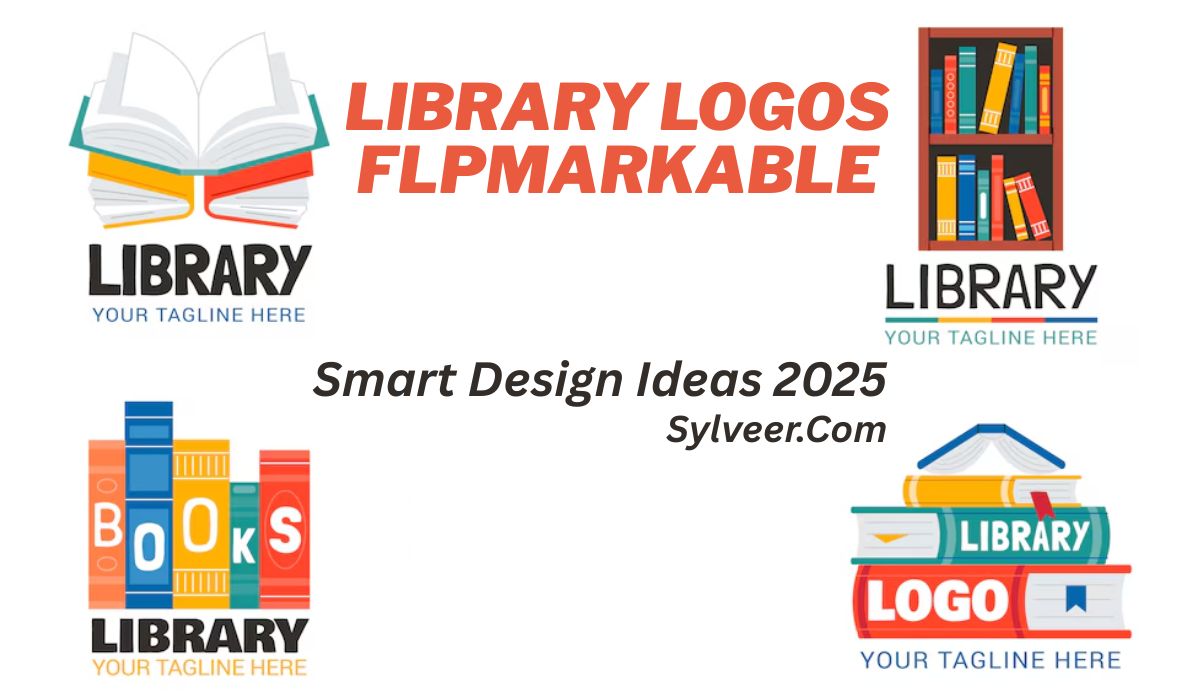 A graphic showcasing five colorful library-themed logo designs with books and shelves. The main headline reads “Library Logos FLPMARKABLE” in bold red font. Below it, text says “Smart Design Ideas 2025” and “Sylveer.Com.” Each logo includes placeholder text: “Library – Your Tagline Here.” The image promotes creative logo concepts for libraries or book-related brands.