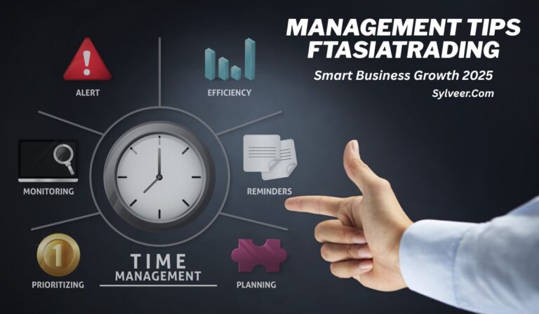 A business-themed graphic focused on time management features a central clock surrounded by icons labeled Alert, Efficiency, Reminders, Planning, Prioritizing, and Monitoring. A hand points toward the graphic. The text at the top right reads "MANAGEMENT TIPS FTASIATRADING – Smart Business Growth 2025" with "Sylveer.com" below it.