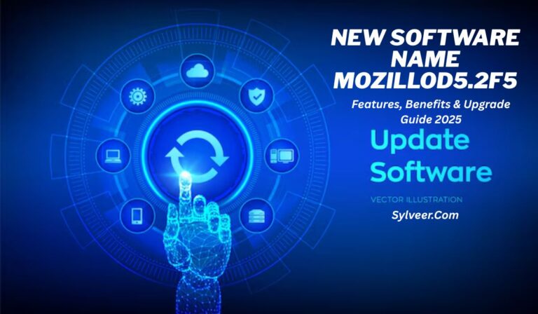 Futuristic digital illustration of a software update concept. A glowing blue polygonal hand touches a circular update icon with rotating arrows, surrounded by technology icons such as cloud, shield, laptop, and gear. On the right, white and blue text reads: "NEW SOFTWARE NAME MOZILLOD5.2F5 Features, Benefits & Upgrade Guide 2025 Update Software Vector Illustration Sylveer.Com."