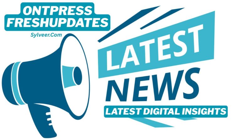 Graphic with a blue megaphone on the left and bold text on the right that reads: "ONTPRESS FRESHUPDATES Sylveer.Com" at the top, "LATEST NEWS" in the middle, and "LATEST DIGITAL INSIGHTS" at the bottom. The design uses various shades of blue and a dynamic, modern layout.