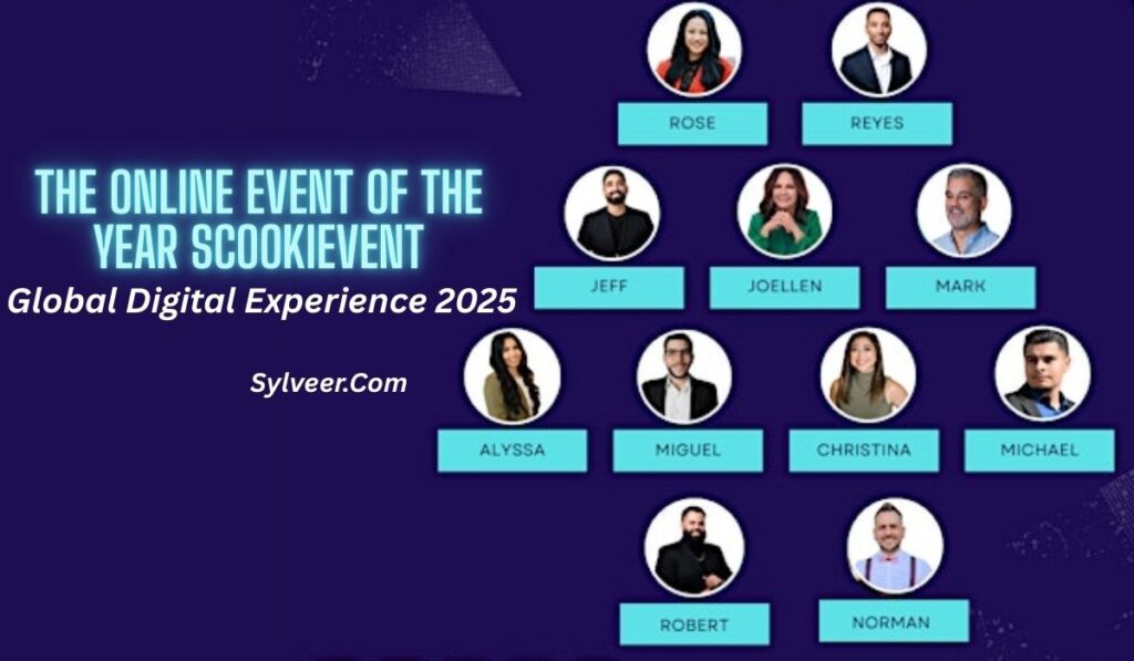 "The online event of the year Scookievent – Global Digital Experience 2025 featuring keynote speakers and experts in a virtual conference banner."