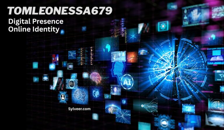 Digital illustration showing AI, brain networks, and technology visuals with the text “TOMLEONESSA679 – Digital Presence Online Identity” highlighting the concept of online identity and digital footprint. Sylveer.com
