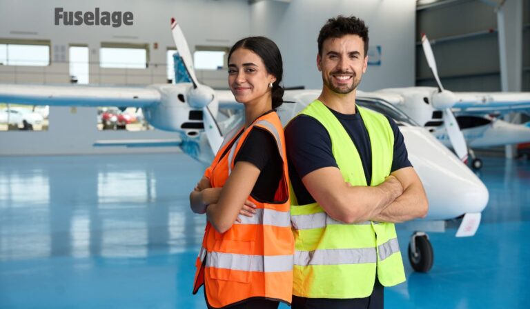 Two aviation workers wearing reflective safety vests stand confidently back-to-back in an aircraft hangar, with a small airplane visible behind them. Fuselage