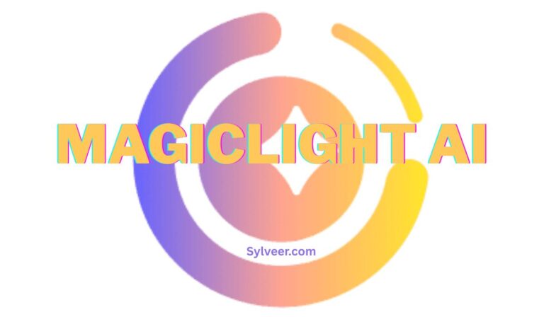 “MagicLight AI logo with gradient circular design in purple, orange, and yellow hues, featuring bold 3D text ‘MAGICLIGHT AI’ and website name Sylveer.com below.”