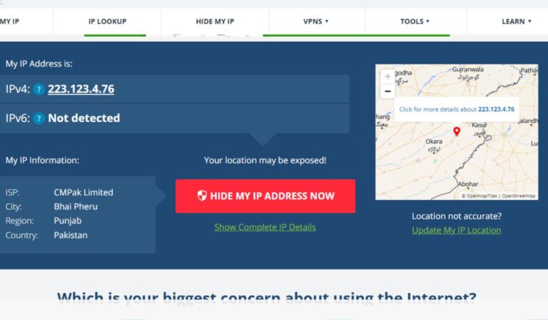 "IP lookup page showing IPv4 address 223.123.4.76 with ISP, city, region, and country details, and a map indicating IP location with a 'Hide My IP Address Now' button." What Is My IP Address