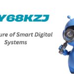 “Blue robot holding a magnifying glass beside the text ‘YY68KZJ – The Future of Smart Digital Systems’ written in bold teal and gray font on a white background.”
