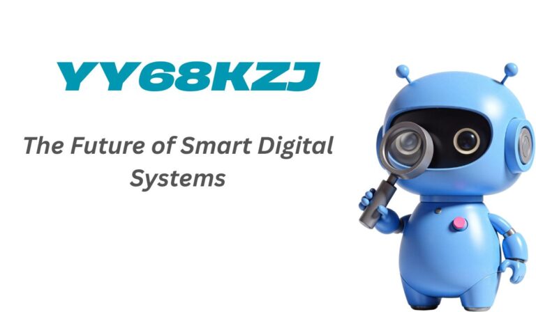 “Blue robot holding a magnifying glass beside the text ‘YY68KZJ – The Future of Smart Digital Systems’ written in bold teal and gray font on a white background.”