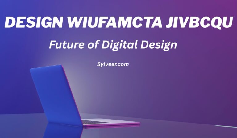 “Open laptop on a purple background with text that reads ‘Design WIUFAMCTA JIVBCQU – Future of Digital Design – Sylveer.com’.“