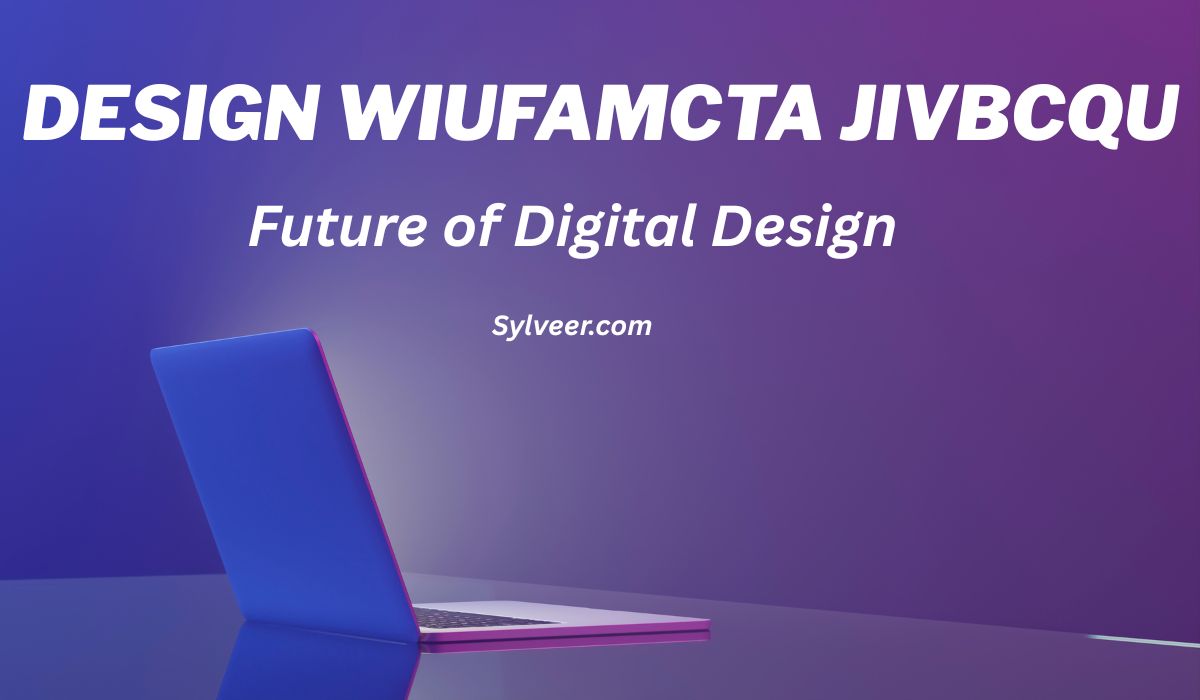 “Open laptop on a purple background with text that reads ‘Design WIUFAMCTA JIVBCQU – Future of Digital Design – Sylveer.com’.“
