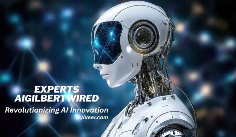 “Futuristic humanoid robot with glowing blue digital face, accompanied by text that reads ‘Experts Aigilbertwired – Revolutionizing AI Innovation – Sylveer.com’.“