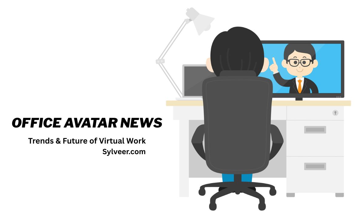 Illustration of a person sitting at a desk and looking at a computer monitor showing a virtual meeting with an animated male avatar waving. Text on the left reads "office avatar news" in bold, followed by "Trends & Future of Virtual Work" and "Sylveer.com" beneath it.