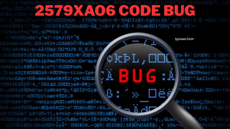 Magnifying glass highlighting the word “BUG” in red over a background of blue-coded text, with the title “2579XAO6 CODE BUG” written in bold red letters at the top. The website Sylveer.com appears on the right side.