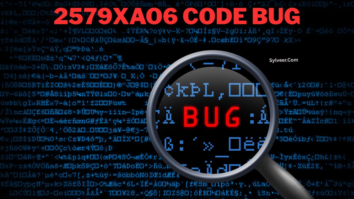 Magnifying glass highlighting the word “BUG” in red over a background of blue-coded text, with the title “2579XAO6 CODE BUG” written in bold red letters at the top. The website Sylveer.com appears on the right side.