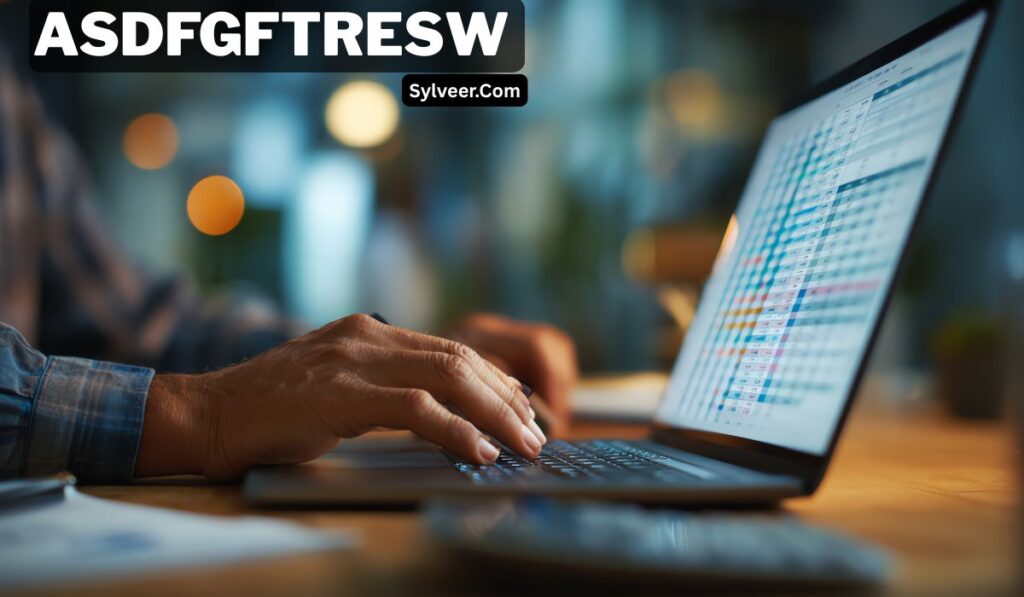 “Close-up of a person typing on a laptop displaying a colorful spreadsheet or data chart in a dimly lit office environment. Text on the image reads ‘ASDFGFTRESW’ and ‘Sylveer.com.’”