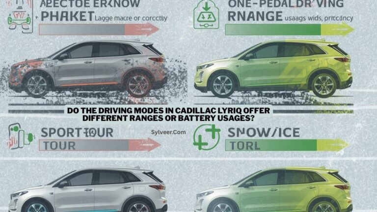 An infographic compares different driving modes of the Cadillac Lyriq. It shows several SUV-style electric vehicles in various colors, along with icons and arrows representing features such as one-pedal driving, range impact, sport mode, tour mode, and snow/ice mode. In the center, bold text asks: “Do the driving modes in Cadillac Lyriq offer different ranges or battery usages?” The design includes stylized graphics, battery icons, and directional arrows with labels.
