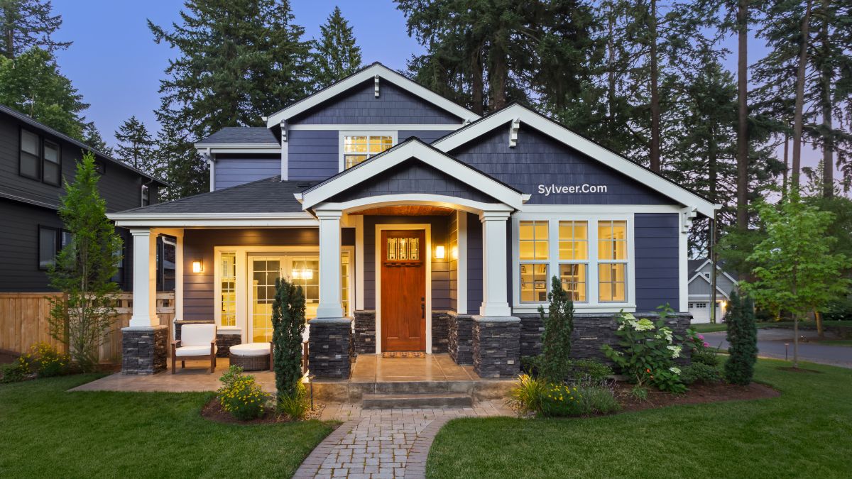 A modern two-story navy blue Home with white trim, a wooden front door, a covered porch with outdoor seating, stone accents, and a well-maintained front yard with greenery and flowers. The word “Sylveer.com” appears on the upper front façade.